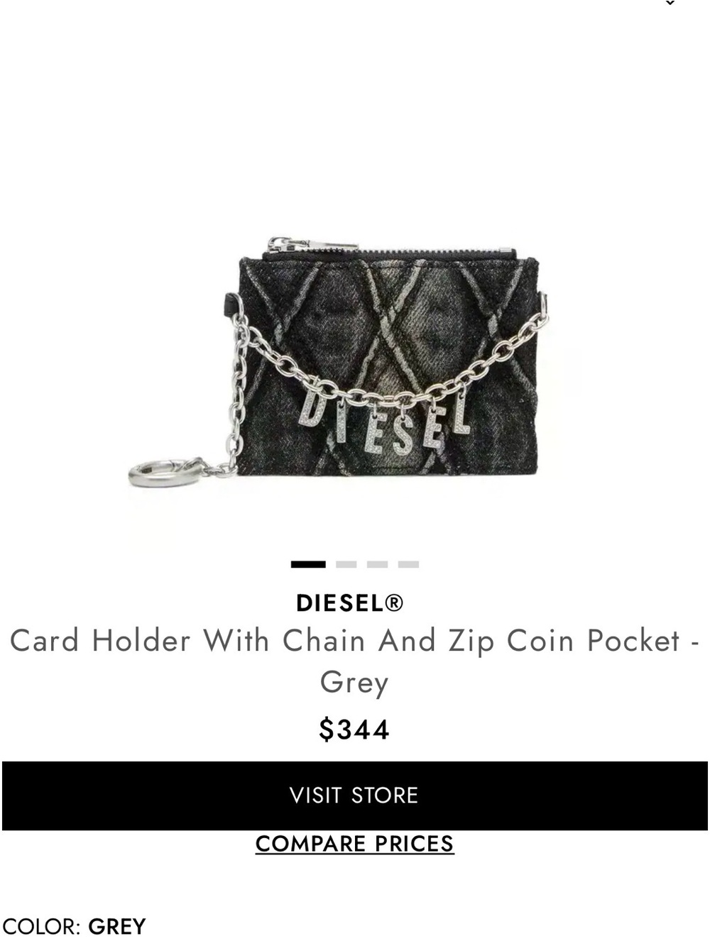DIESEL | Grey Quilted Card Holder with Chain and Zip Coin Pocket
